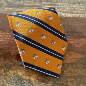 Brooks Brothers Basics Silk Repp Tie Gold Navy Blue Striped Golden Fleece Logo